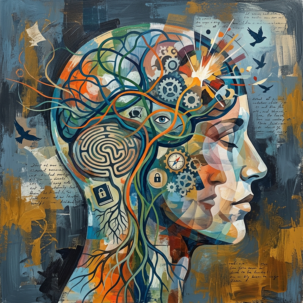 Abstract portrait with gears, neural pathways, labyrinth, locks, birds, and handwritten notes